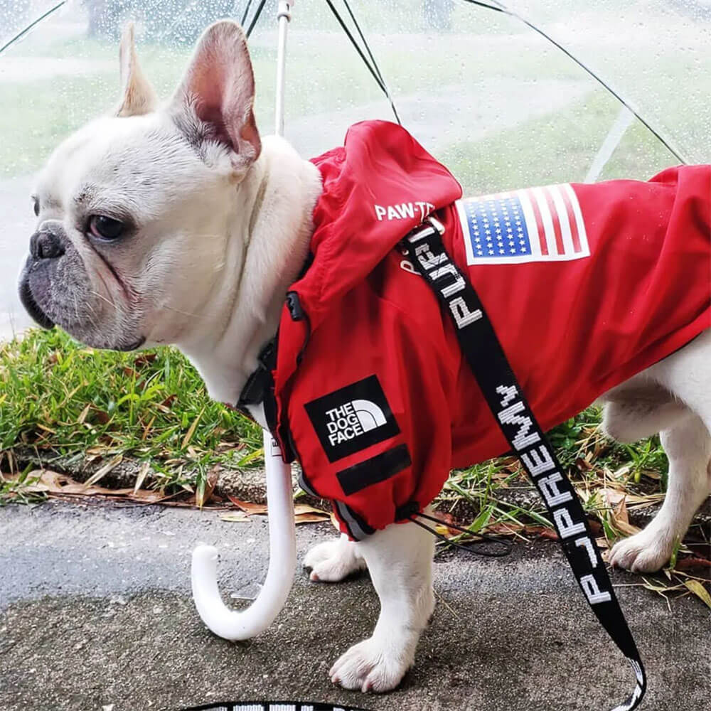 French Bulldog wearing The Dog Face Jacket in red color